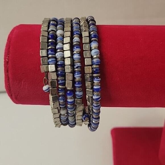 Vintage Y2K Casual Feminine Metallic Blue & Silver Beaded Wrap Bracelet - Picture 1 of 1